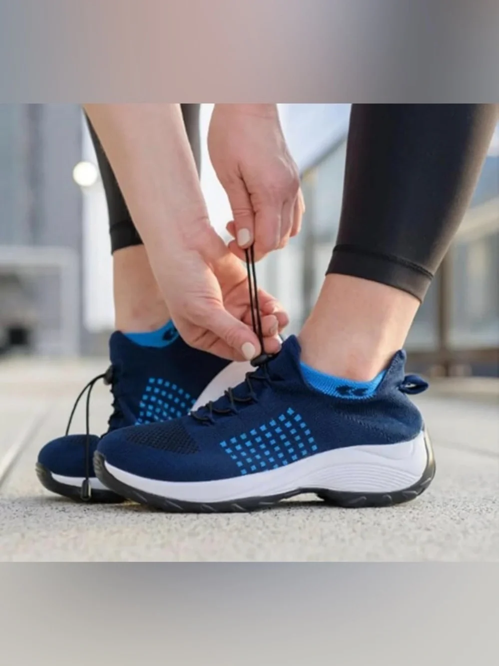 Women’s Navy Knit Athletic Sneakers with Light Blue Trim and White Midsole
